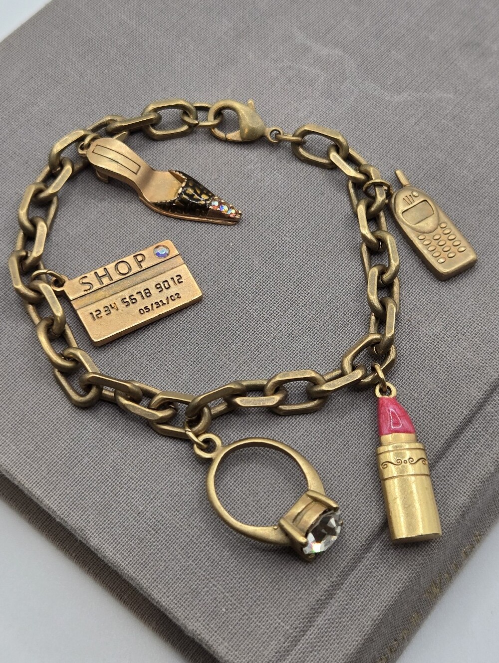 Vintage Avon Gold Chunky Charm Bracelet Credit Card Heel Lipstick Cell Phone 8"